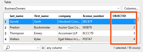 Viewing the new OBJECTID column in Table View